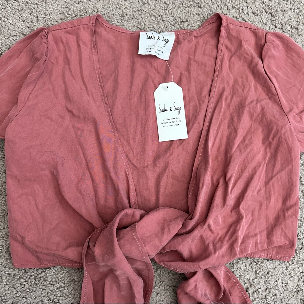 Sadie & Sage Tie-Front Crop Short Sleeve Blouse Shirt Womens S Dusty Rose - Picture 8 of 12